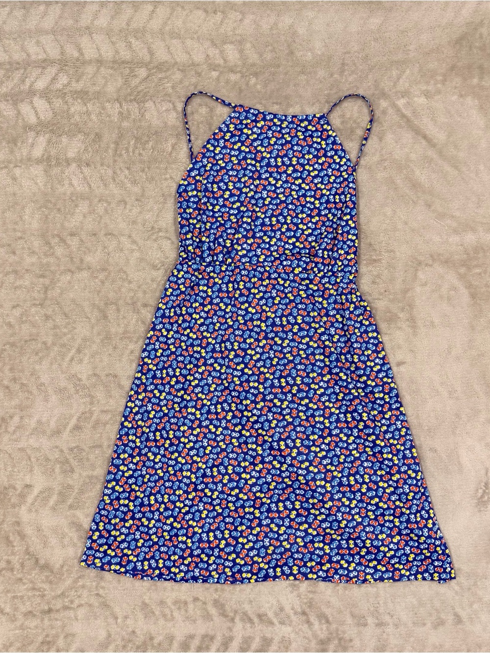 Chequers Vintage Blue Floral Halter Dress Arnel Knit Retro 70s Size M Open Back